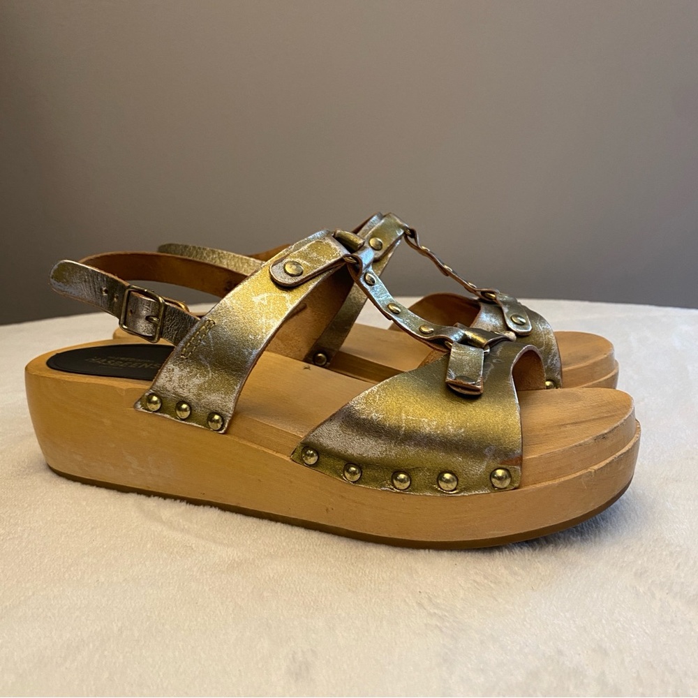 Swedish Hasbeens Rivet Wedges Gold Sandals with Platform Sole